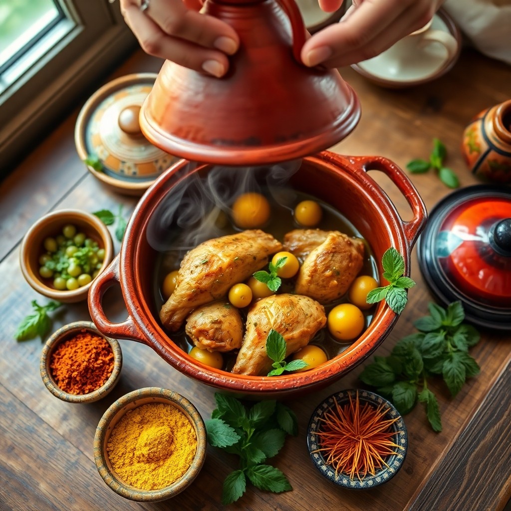 Traditional Moroccan chicken tagine with preserved lemons and olives being served from clay pot