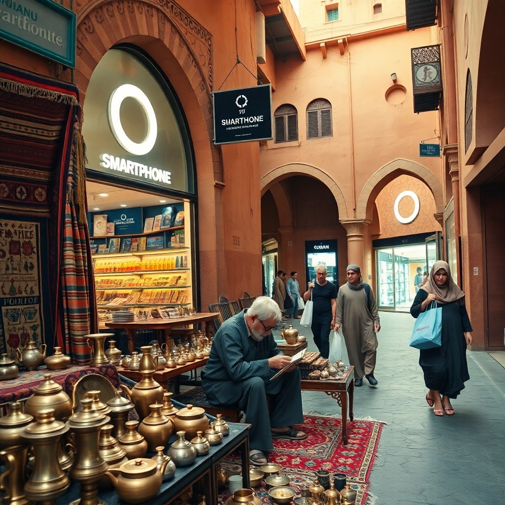 Traditional Berber crafts stall in Moroccan souk contrasting with modern shops, cultural preservation theme