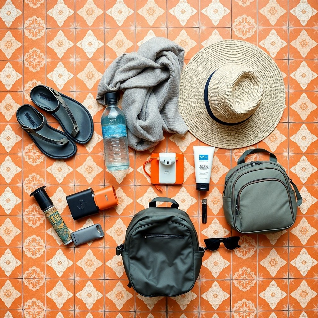 Essential packing items for Morocco laid out on traditional Moroccan zellige tile, including walking sandals, scarf, sun hat, travel adapter, and sunscreen