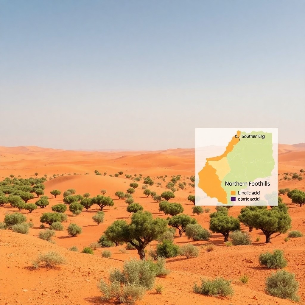 Argan trees in the Sahara desert showcasing the unique micro-climate regions that influence oil composition and quality.