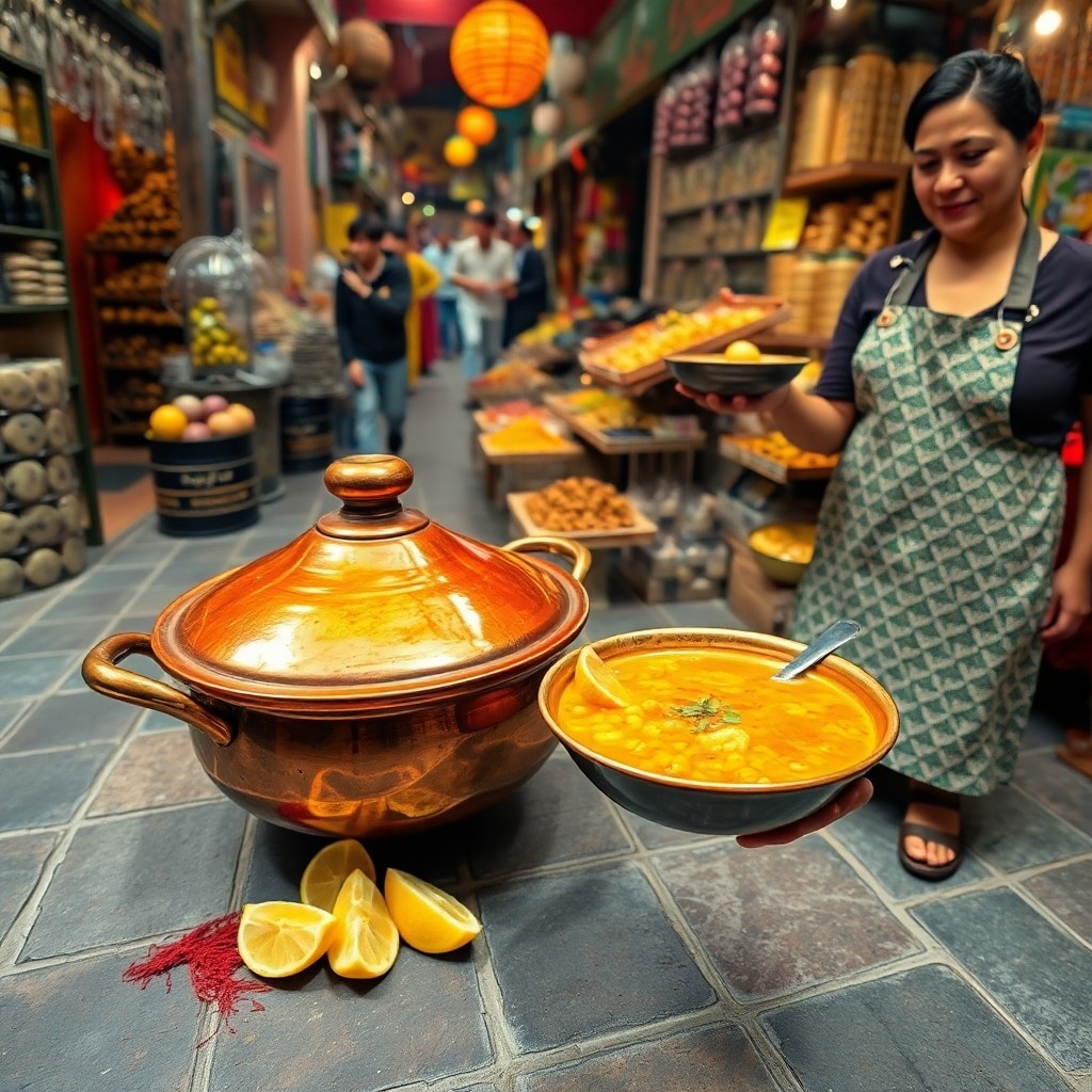 Steaming Moroccan tagine with preserved lemon and olives in a Marrakech souk, showcasing Traditional Moroccan Food