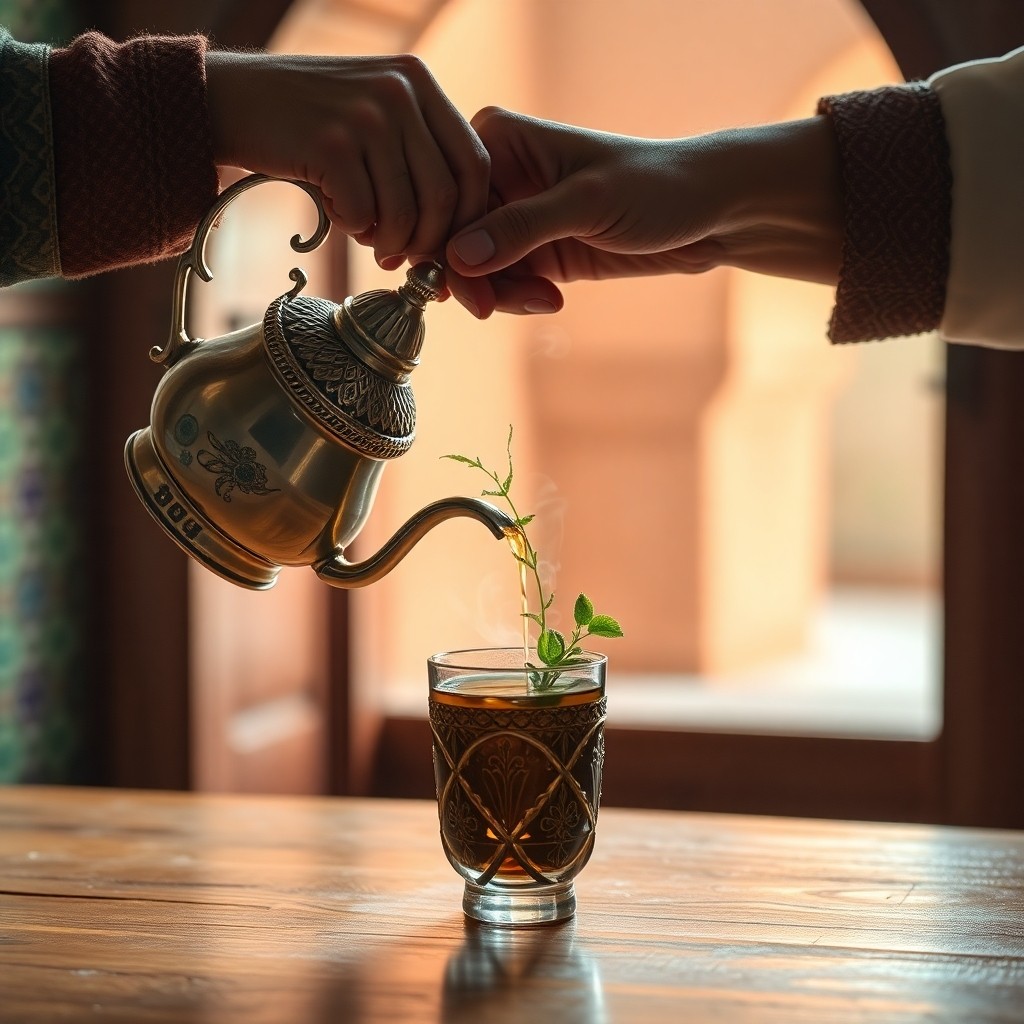 Traditional Moroccan mint tea being poured from a silver teapint into a glass with fresh spearmint in a Moroccan riad interior with zellige tilework
