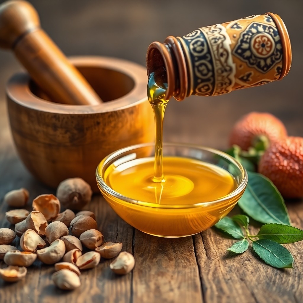 Golden argan oil being poured into a wooden mortar with cracked argan nuts and fresh fruits in the background