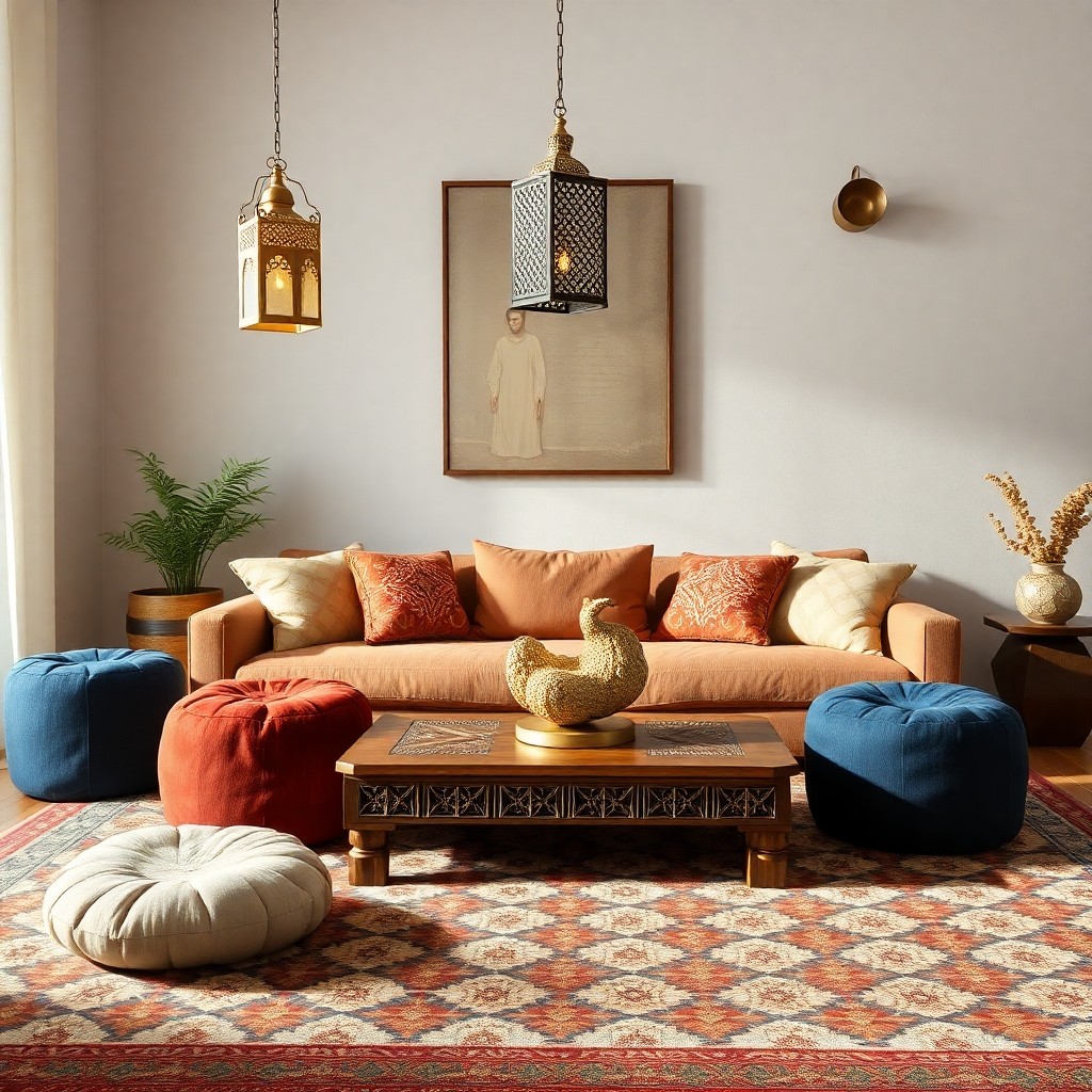 Moroccan-inspired living room with poufs, lantern, and patterned rug