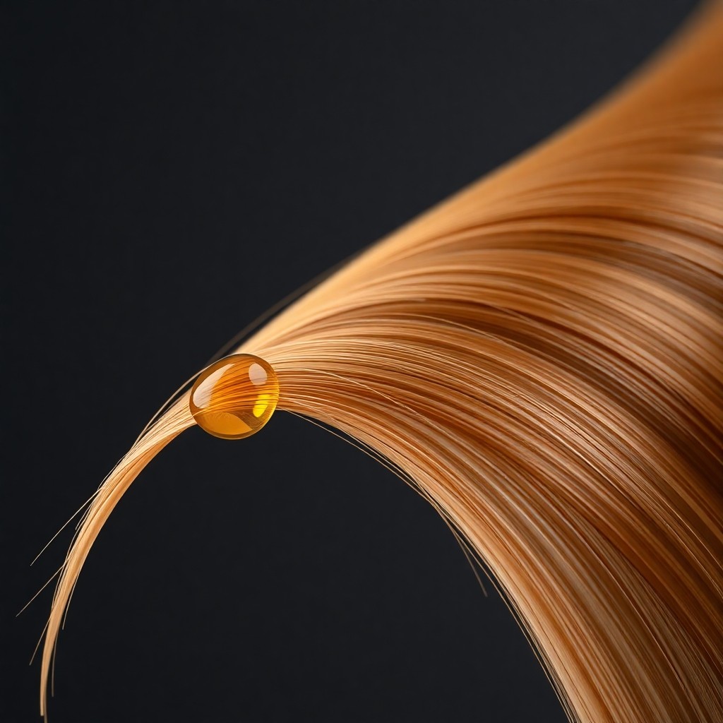 Close‑up of a healthy hair strand with argan oil droplets forming a protective sheen