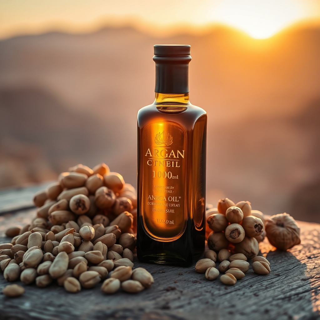 Dark glass bottle of argan oil surrounded by argan nuts and Moroccan mountain backdrop