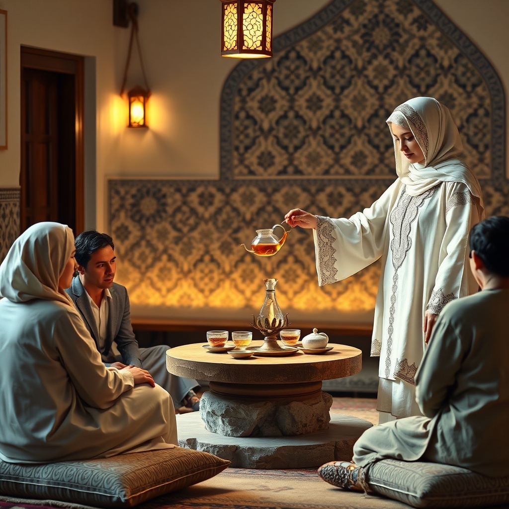 Moroccan woman pouring green tea during a traditional tea ceremony with guests seated on cushions