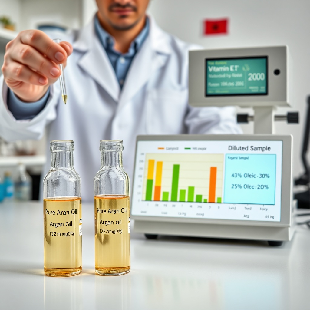 Laboratory test comparing pure and diluted argan oil with chromatography chart and vitamin E measurement