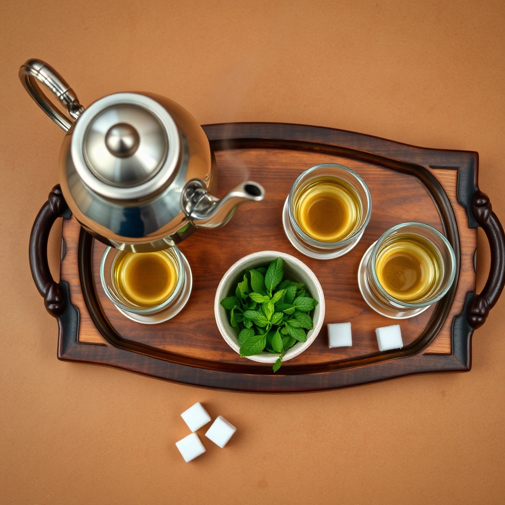Moroccan mint tea ingredients and traditional serving setup