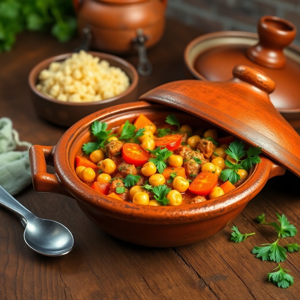Steaming herb‑infused Moroccan tagine on a wooden table